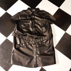 H&M Faux Leather Black Dress short sleeve with belt XL